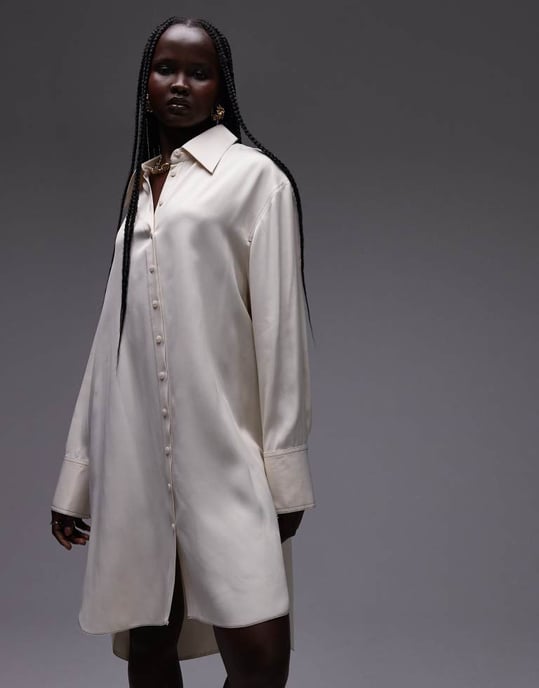 Topshop premium satin mini shirt dress with step hem in ivory - Image 4