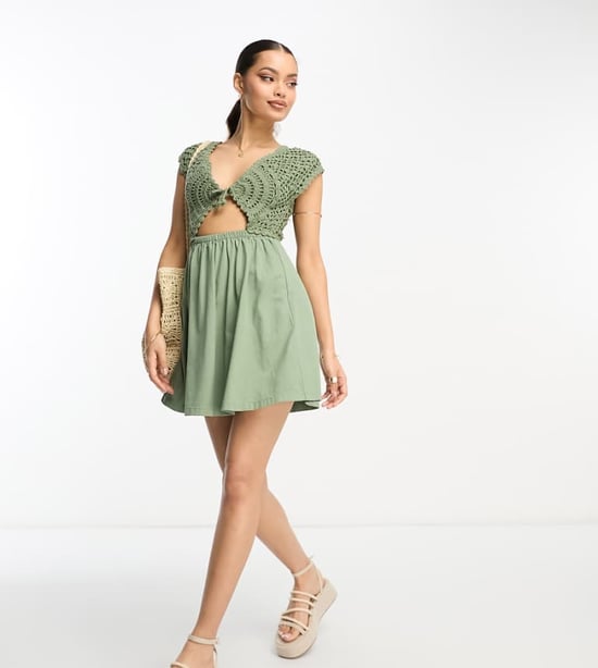 ASOS DESIGN Petite crochet mix mini dress with tie detail in khaki - Image 1
