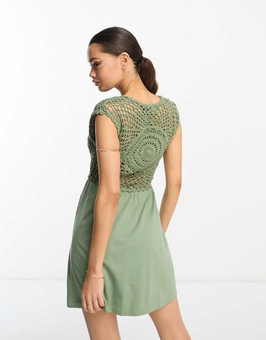 ASOS DESIGN Petite crochet mix mini dress with tie detail in khaki - Image 2