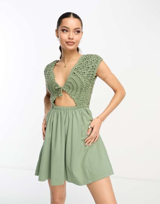 ASOS DESIGN Petite crochet mix mini dress with tie detail in khaki - Image 4