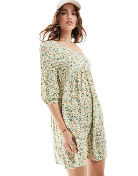 JDY v neck mini smock dress in green ditsy floral print - Image 1