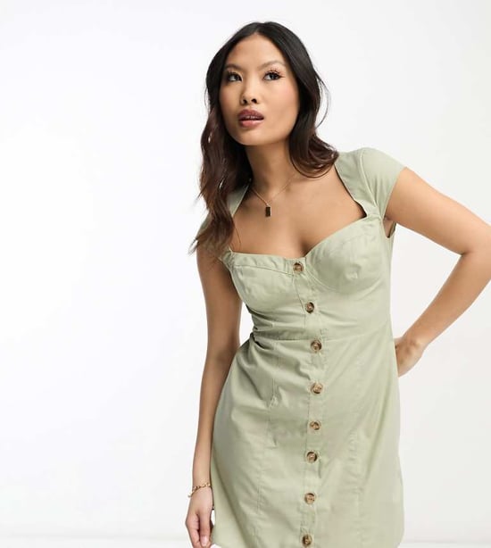 ASOS DESIGN Petite mini button through twill dress with cup detail in sage - Image 1
