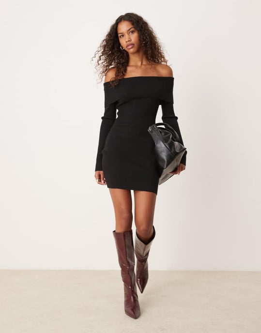 Glamorous off shoulder black knitted mini dress - Image 1