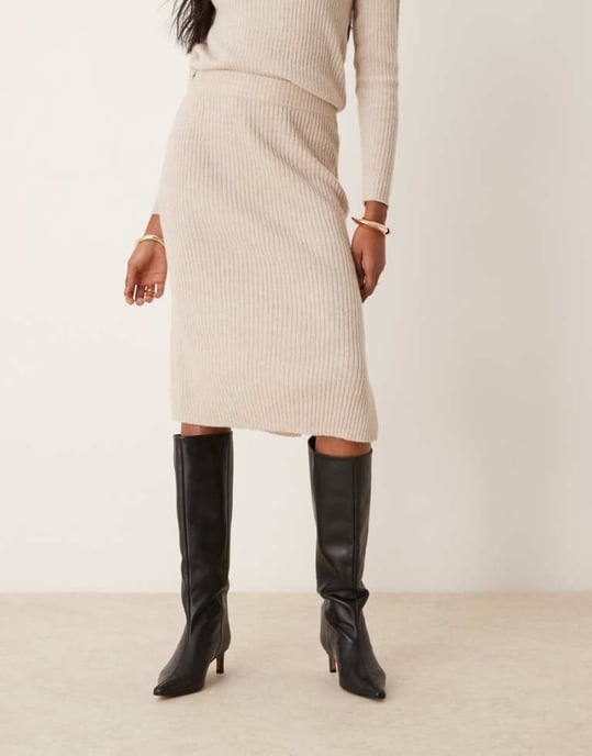 JDY ribbed midi skirt co-ord in beige - Image 1