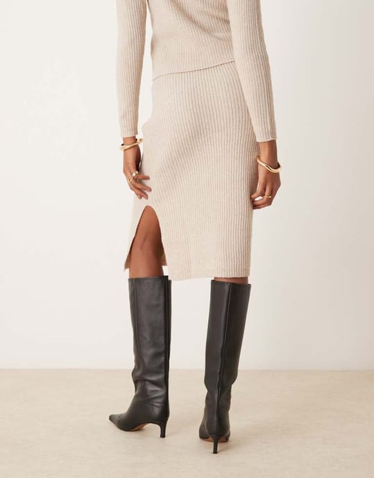 JDY ribbed midi skirt co-ord in beige - Image 4