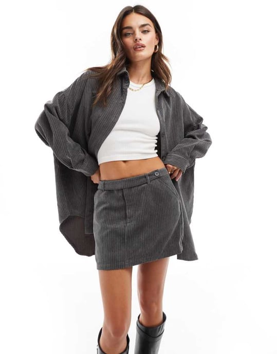 ASOS DESIGN cord belted micro mini skirt co-ord in grey - Image 2