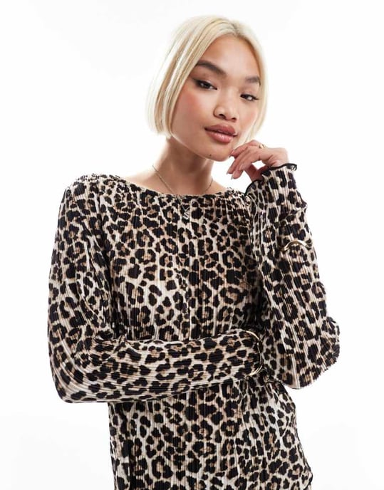 Pieces plisse long sleeve top co-ord in leopard print - Image 1