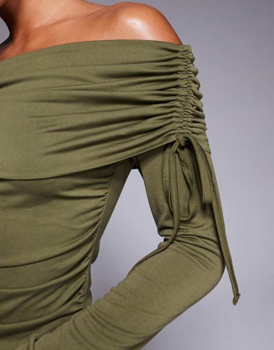 ASOS DESIGN soft handle off shoulder ruched long sleeve top in olive - Image 2
