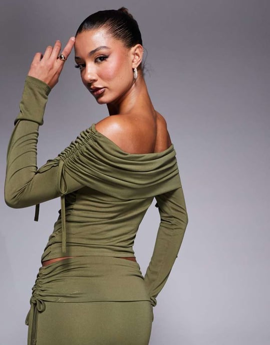 ASOS DESIGN soft handle off shoulder ruched long sleeve top in olive - Image 3