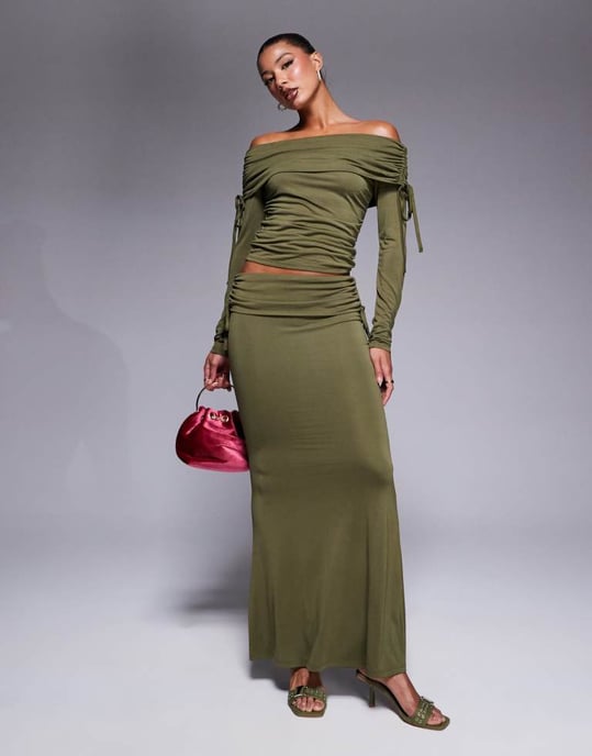 ASOS DESIGN soft handle off shoulder ruched long sleeve top in olive - Image 4
