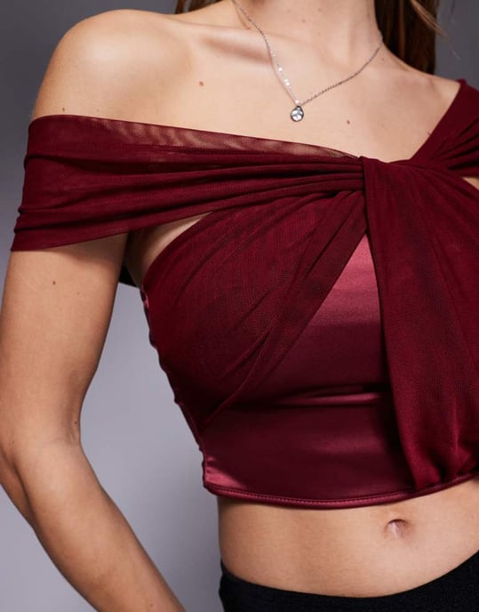 ASOS DESIGN one shoulder drape mesh and satin mix top in plum - Image 4