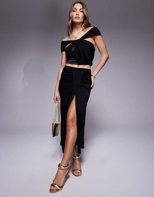 ASOS DESIGN one shoulder drape mesh and satin mix top - Image 3