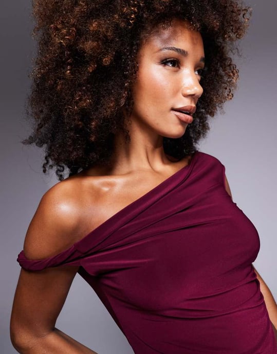 ASOS DESIGN co-ord slinky twist off shoulder top in burgundy - Image 2