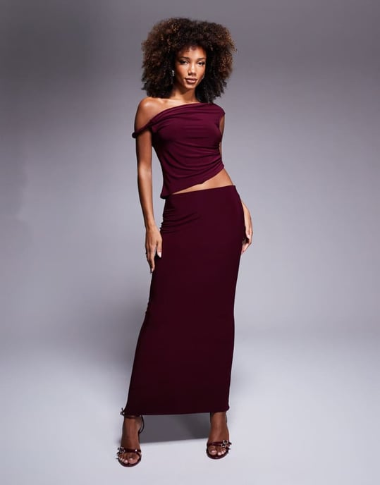 ASOS DESIGN co-ord slinky twist off shoulder top in burgundy - Image 3