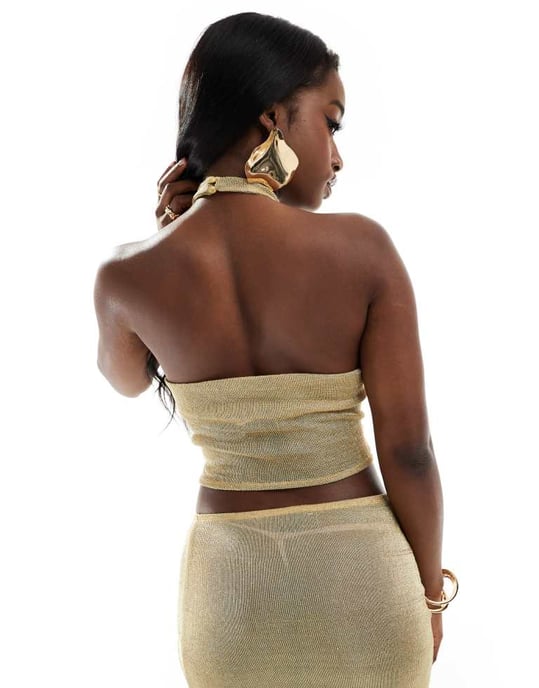 ASOS DESIGN co-ord jersey chainmail halter top in gold - Image 4