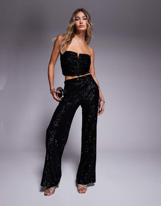 ASOS DESIGN co-ord ruched sequin bandeau with trim detail in black - Image 2