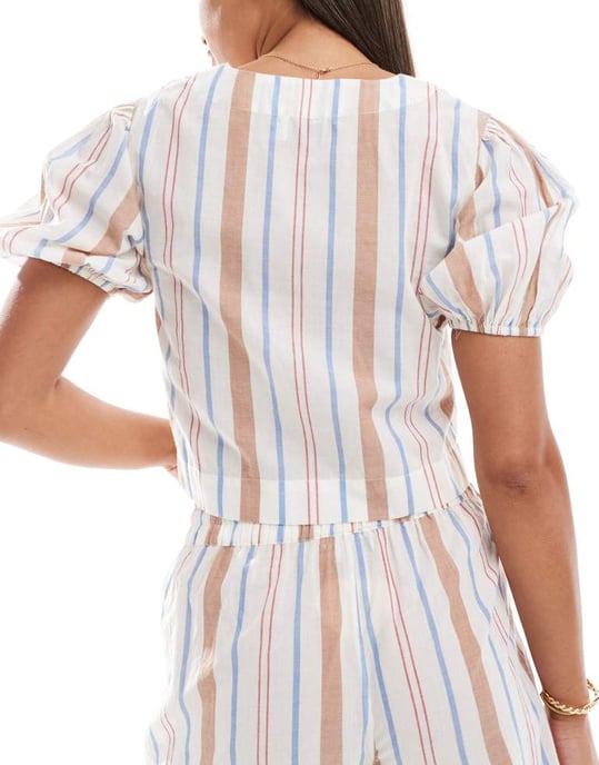 ASOS DESIGN Carrie cotton co-ord tie front beach top in multi stripe - Image 4