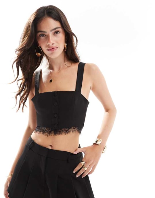 Miss Selfridge lace trim corset top co ord in black - Image 1