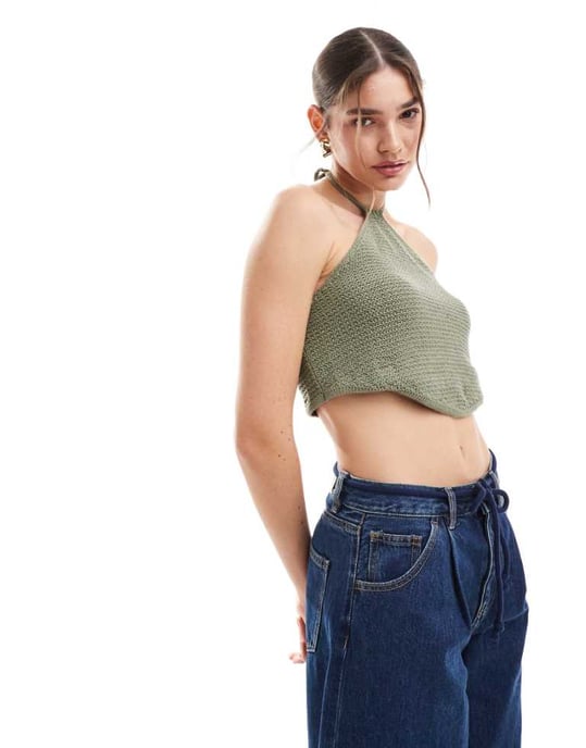 JJXX crochet halterneck top in khaki - Image 1