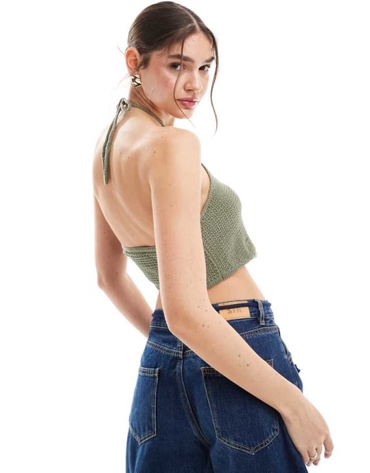 JJXX crochet halterneck top in khaki - Image 4
