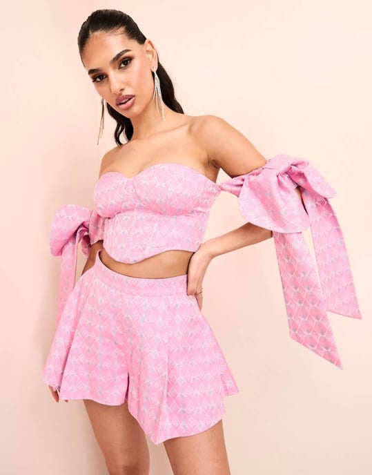 ASOS LUXE jacquard co-ord bandeau corsetted top with bow tie sleeves in pink print - Image 1