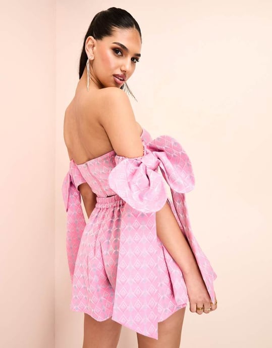 ASOS LUXE jacquard co-ord bandeau corsetted top with bow tie sleeves in pink print - Image 4