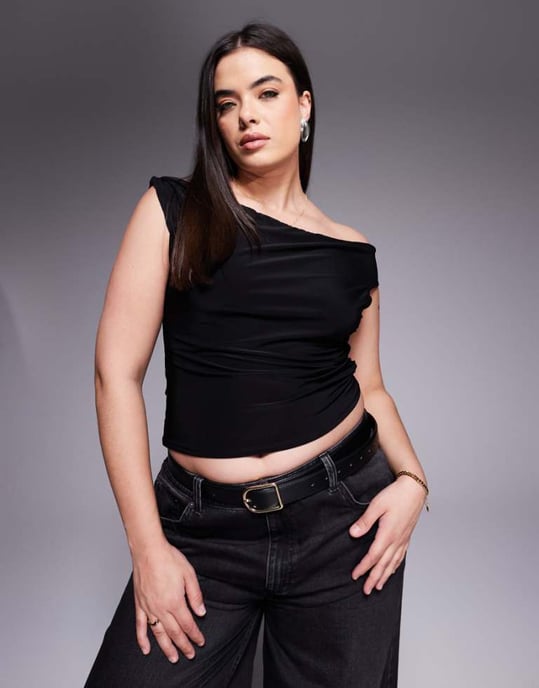 ASOS DESIGN Curve slinky twisted off shoulder asymmetric top in black - Image 1