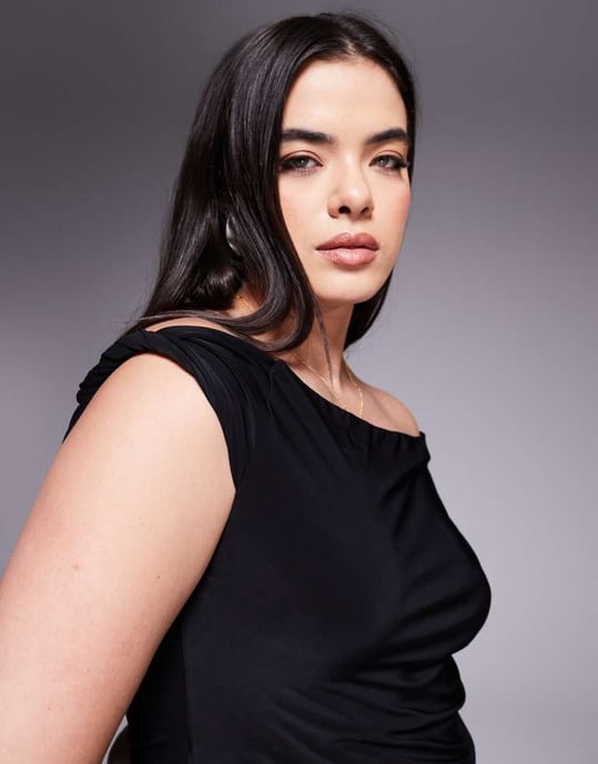 ASOS DESIGN Curve slinky twisted off shoulder asymmetric top in black - Image 2