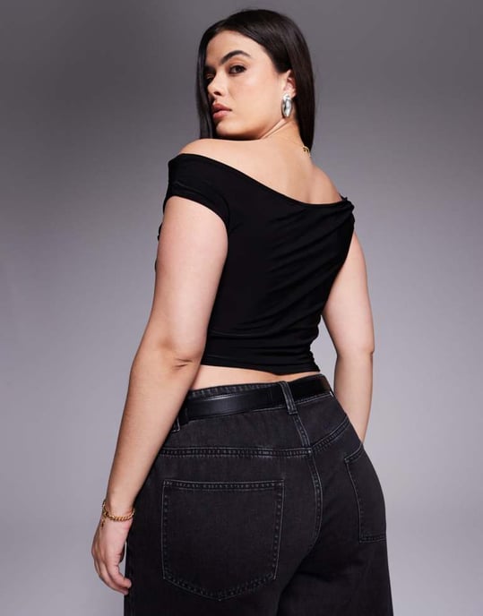 ASOS DESIGN Curve slinky twisted off shoulder asymmetric top in black - Image 3