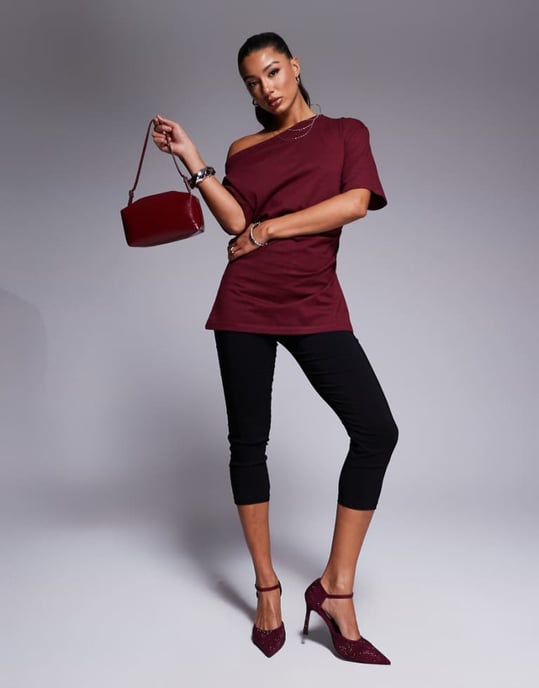 ASOS DESIGN cinched in slash neck one shoulder top in burgundy - Image 1