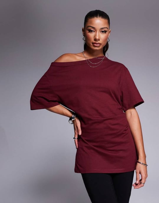 ASOS DESIGN cinched in slash neck one shoulder top in burgundy - Image 2