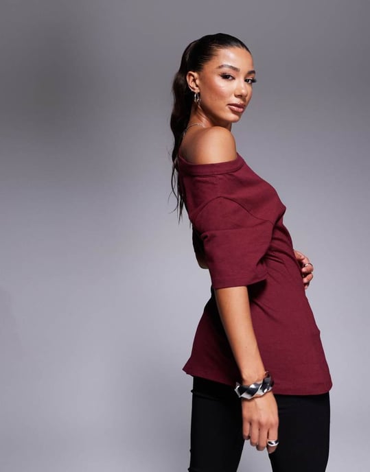 ASOS DESIGN cinched in slash neck one shoulder top in burgundy - Image 4