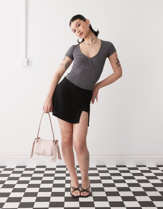 Motel machiko plunge front wrap top in charcoal grey - Image 2
