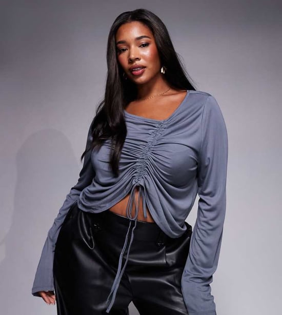 ASOS DESIGN Curve soft handle long sleeve top with front asymmetric ruching in slate blue - Image 1