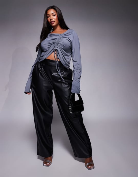 ASOS DESIGN Curve soft handle long sleeve top with front asymmetric ruching in slate blue - Image 2