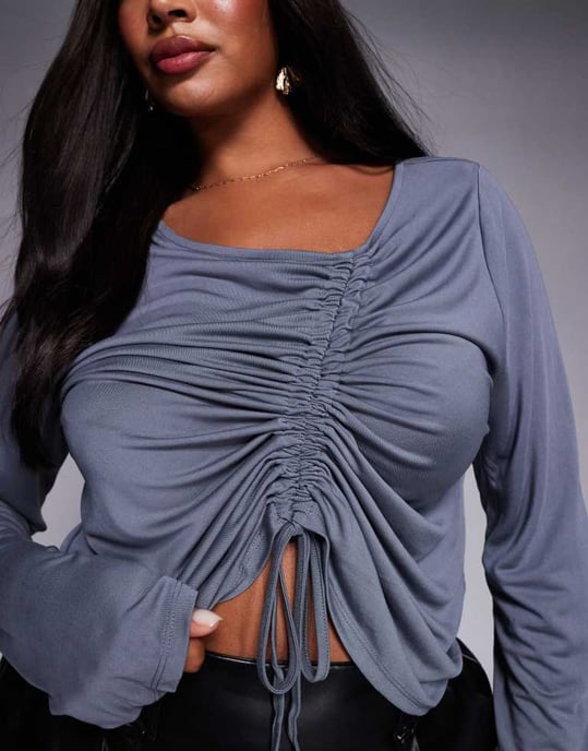 ASOS DESIGN Curve soft handle long sleeve top with front asymmetric ruching in slate blue - Image 3