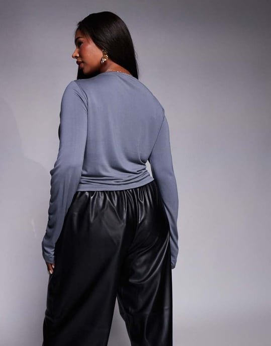 ASOS DESIGN Curve soft handle long sleeve top with front asymmetric ruching in slate blue - Image 4