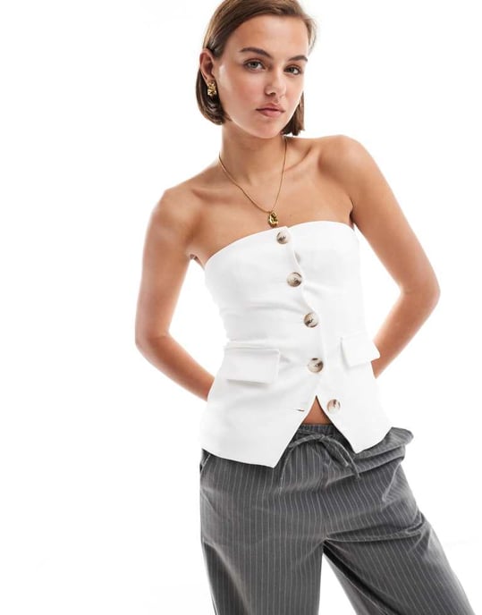 Miss Selfridge tailored bandeau button through top in ivory - Image 2