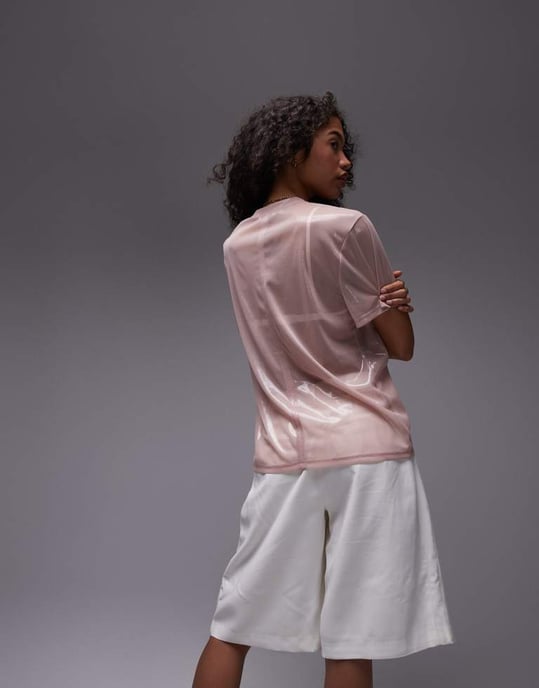 Topshop sheer metallic tee in pink - Image 4