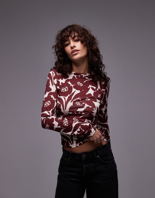 Topshop microfibre all over floral long sleeve top in red - Image 1