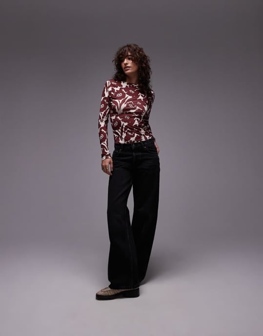 Topshop microfibre all over floral long sleeve top in red - Image 2