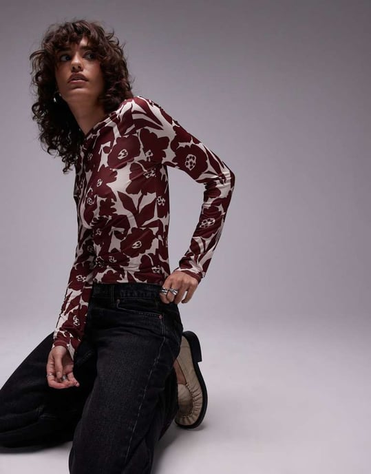 Topshop microfibre all over floral long sleeve top in red - Image 3