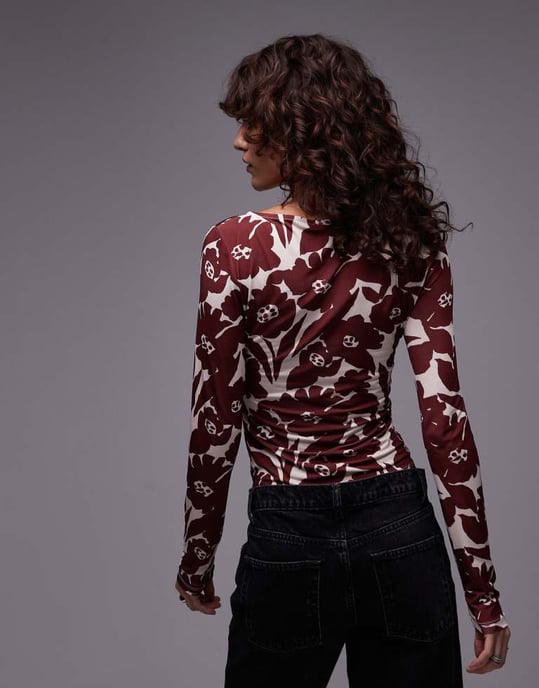 Topshop microfibre all over floral long sleeve top in red - Image 4