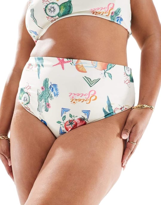 ASOS DESIGN Curve high leg high waist bikini bottom in postcard print - Image 2