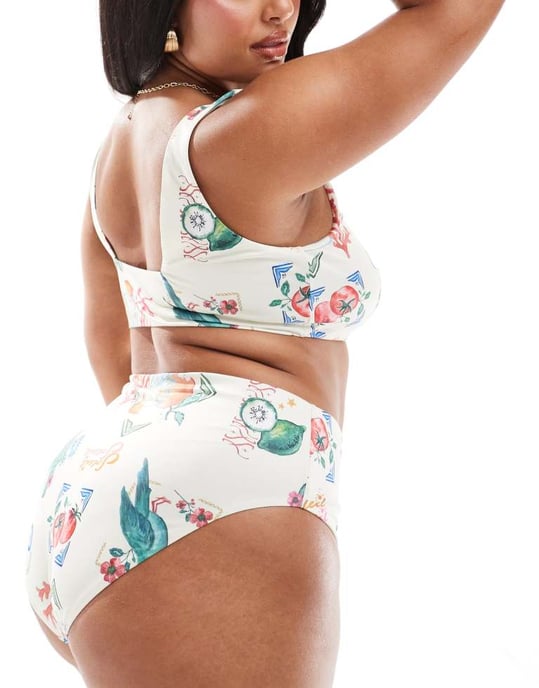 ASOS DESIGN Curve high leg high waist bikini bottom in postcard print - Image 4