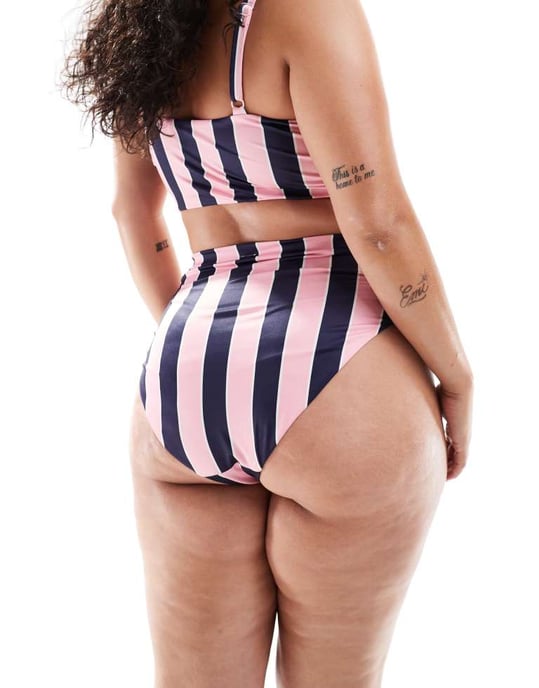 ASOS DESIGN Curve Sidney high leg high waist bikini bottom in stripe - Image 4