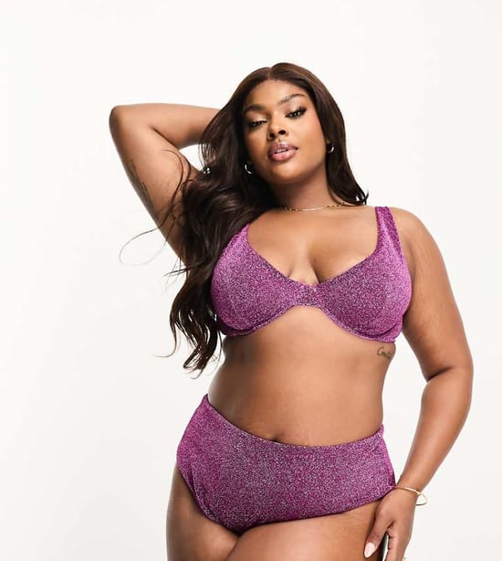 ASOS DESIGN Curve mix and match glitter high waist bikini bottom in pink - Image 1