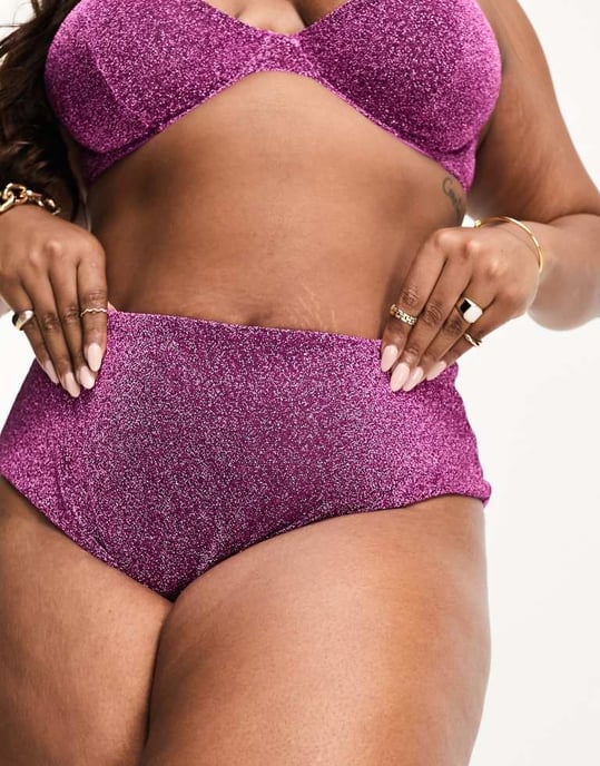 ASOS DESIGN Curve mix and match glitter high waist bikini bottom in pink - Image 2