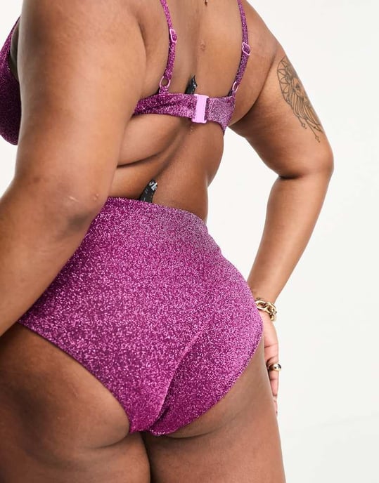 ASOS DESIGN Curve mix and match glitter high waist bikini bottom in pink - Image 3