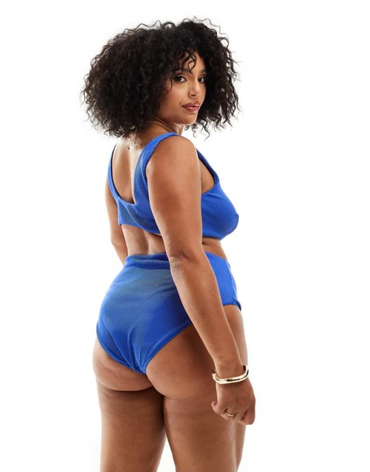 ASOS DESIGN Curve Emily rib high leg high waist bikini bottom in cobalt - Image 3